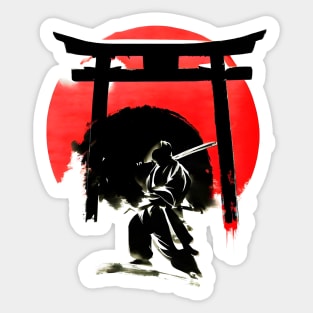 Japanese torrii shinto gate with ninja sumi e painting Sticker